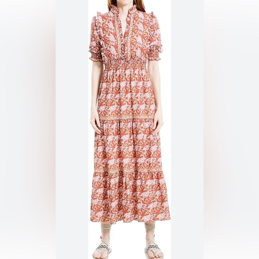 Max Studio Burnt Orange Floral Ruffled Tiered Smocked Maxi Dress Women's E24